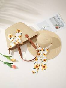 1 Straw Hat + 1 Bag, Vacation Beach Set - Beige Yellow Ribbon - View 3