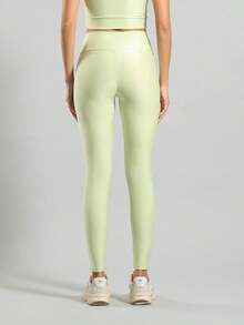 FITNATION Leggings Set With Waistband Pocket + Longline Cropped Top In Micro-Ribbed Fabric With SHINE And HIGH Elasticity And Support. - Verde Lima - Ver 3