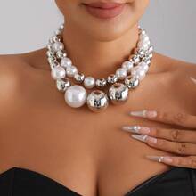 2件套欧美跨境珠宝，时尚夸张个性化银球珍珠项链，ins风拼接性感酷女孩风格颈链 - 2件套裝 - 查看 6