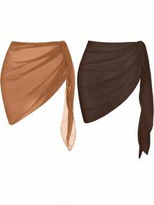 2件/1件装女士黑白沙滩披肩泳衣罩衫透明比基尼泳装套装，适合沙滩漫步 - 棕色 - 查看 11