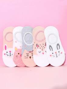 5pairs Women Cartoon Rabbit & Cat Pattern Cute Invisible Socks For Daily Life - Multicolor - View 5