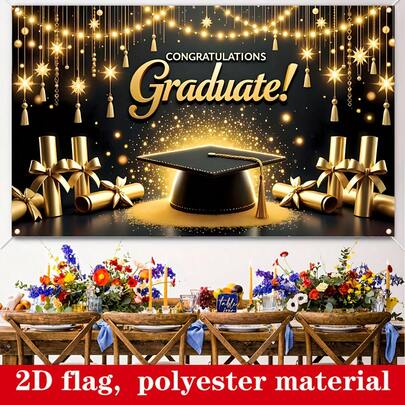 1 قطعة خلفية ذهبية لامعة، تستخدم لحفلات التخرج، مزينة بأنماط التخرج والشهادات، مثالية لتزيين الحفلات خلال موسم التخرج