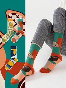 1/3 Pairs Unisex Leaf Print Geometric Nature Themed Artistic Design Combed Cotton Casual Crew Socks, Suitable For Travel, Home, Office, Holiday Gifts - Multicolor - View 1