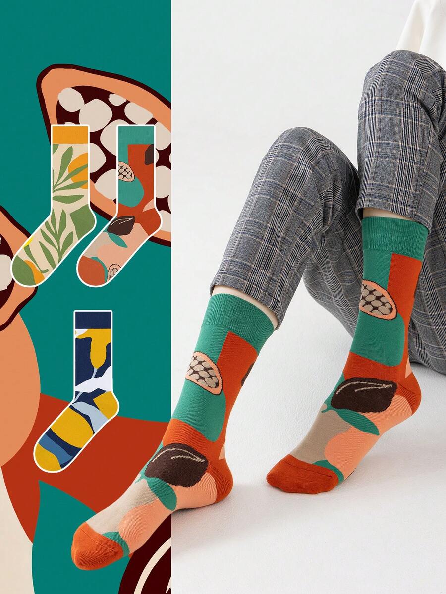 1/3 Pairs Unisex Leaf Print Geometric Nature Themed Artistic Design Combed Cotton Casual Crew Socks, Suitable For Travel, Home, Office, Holiday Gifts - Multicolor - View 1