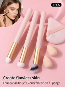 6件套化妆刷套装，含化妆海绵，包括粉底刷、遮瑕刷、晕染刷、液体彩妆调色工具，适合日常和旅行使用。 - 杏色 - 查看 3