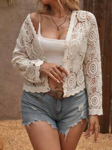 Große Größen Cut Out Häkel-Strick Cardigan, Langarm, leicht transparenter, kurzer Cardigan, Damen Sommerkleidung, Urlaubsmode für Damen in Große Größen - Aprikosenfarben - Übersicht 4