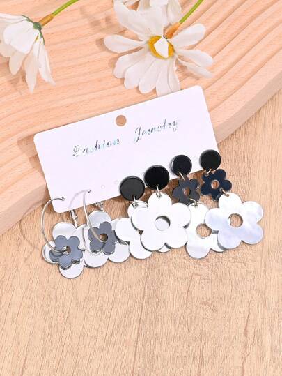 6件套韩式简约镜面花朵吊坠耳环，镂空亚克力耳环，时尚个性，适合女性日常佩戴