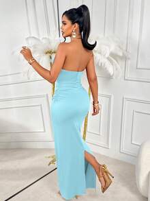 AIJ Women's V-Neck Pleated Design Split Hem Casual Long Knit Dress - Sky Blue - View 2