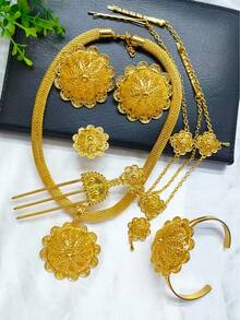 1 Necklace, 1 Pair Earrings, 1 Ring, 1 Bracelet, 1 Headchain, 1 Hair Clip, 6pcs Floral Pendant Jewelry Set, Fashion Accessories For Women, Suitable Saudi Arabia, Europe, Middle East, Dubai, Bride, Wedding, Party, Mother's Day, Graduation, Birthday, Valentine's Day, Music Festival, Holiday Gift For Girlfriend - Yellow Gold - View 2
