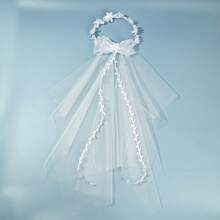 1pc Girls' First Communion Hair Accessory, Flower Crown With White Flowers, Pearls, Tulle And Ribbon Decor For First Communion Wedding Flower Girl - Multicolor - View 10