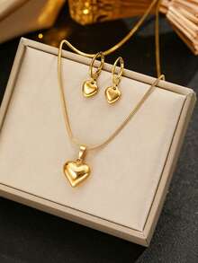 2pcs/Set Cute Stainless Steel Heart Pendant Necklace And Earrings Set, Suitable For Women's Daily Wear - Heart-shaped 2-piece Set - View 2
