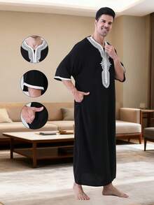 AL HARAMAIN Men's Black Moroccan Style Robe, Featuring Muslim Pattern Embroidered Pocket Decoration, 3/4 Sleeve, Suitable For Festival Formal Wear And Daily Traditional - Black - View 2