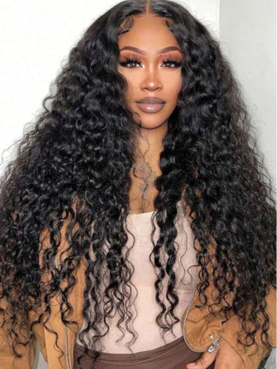 34Inch Curly 13x4 HD Transparent Lace Wigs Human Hair  Deep Wave Put On And Go Glueless Wigs Pre Plucked Pre Cut  Lace Wig For Women 200% Curly Wave Nautural Black - Natural Black - 查看 1