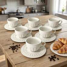 6件套浮雕陶瓷杯碟套装，复古欧式珠边白瓷咖啡杯，可机洗下午茶杯礼盒套装，适用于拿铁/卡布奇诺，家居厨房及咖啡馆聚会 - 彩色 - 查看 6