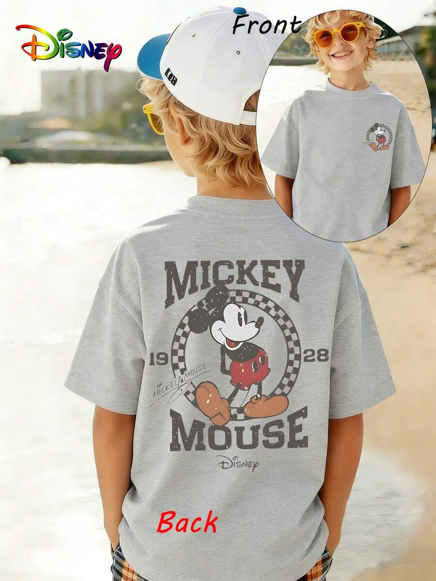 1pc Disney Mickey Mouse Playful Retro Emblem Tween Boys Fun T-Shirt - Comfortable & Lightweight, Ideal For School Days And Weekend Hangouts - 灰色 - 查看 1