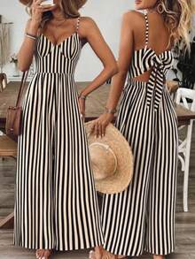 Bộ áo liền quần không tay kẻ sọc dành cho nữ, chất liệu polyester, ống rộng, thiết kế nơ phía sau, thời trang cho mùa hè. - màu nâu - Xem 2