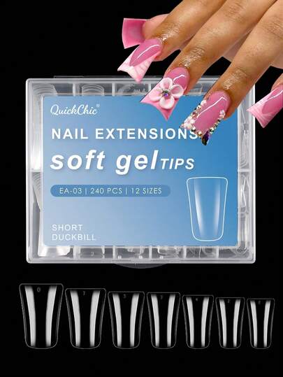 240片短款鸭嘴形假指甲，12种尺寸盒装透明鸭嘴全覆盖宽法式美甲延长贴