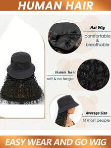 Hat Wig Water Wave Hair Bob Human Hair Wigs Bucket Hat Wigs Brazilian Remy Human Hair Machine Made Wig For Women - Natural Black - View 2
