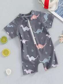 婴儿/男童连体泳衣，可爱恐龙印花泳装，适合海滩、泳池、度假 - 深灰色 - 查看 3