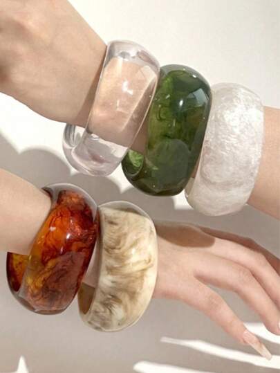 1件椭圆形宽几何弧形树脂扎染咖啡色手链，复古时尚女式手链