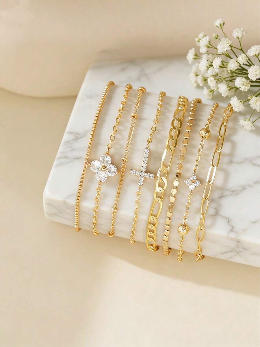 PHCOO 时尚多层链条手链，新款简约金色首饰，个性化合金手链套装，可自由搭配叠戴手链 - 金色 - 查看 1