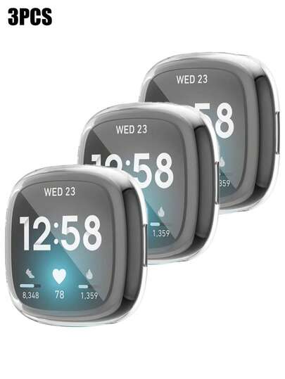 适用于Sense 2/Versa 4智能手表的3件套软TPU全包保护壳，时尚舒适防摔二合一镀层手表保护壳兼屏幕保护膜，智能手表配件防震保护壳，透明