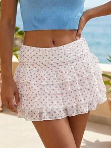 Women's Summer Mini Skirt Casual Stylish Dot Print Layered Ruffled Mid Rise Short Skirt - Pink - View 4