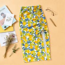 女士花卉、植物、柠檬印花波西米亚风抽绳腰半身裙，夏季套装 - 黃色 - 查看 3