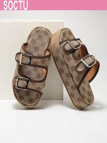 女士圆头时尚草编厚底坡跟夏季沙滩休闲厚底凉鞋 - 棕色 - 查看 3