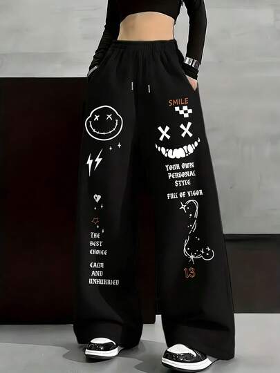 Calça Wide Leg Feminina Estampa Rosto Estilizado | Calça Streetwear Y2K Fashion