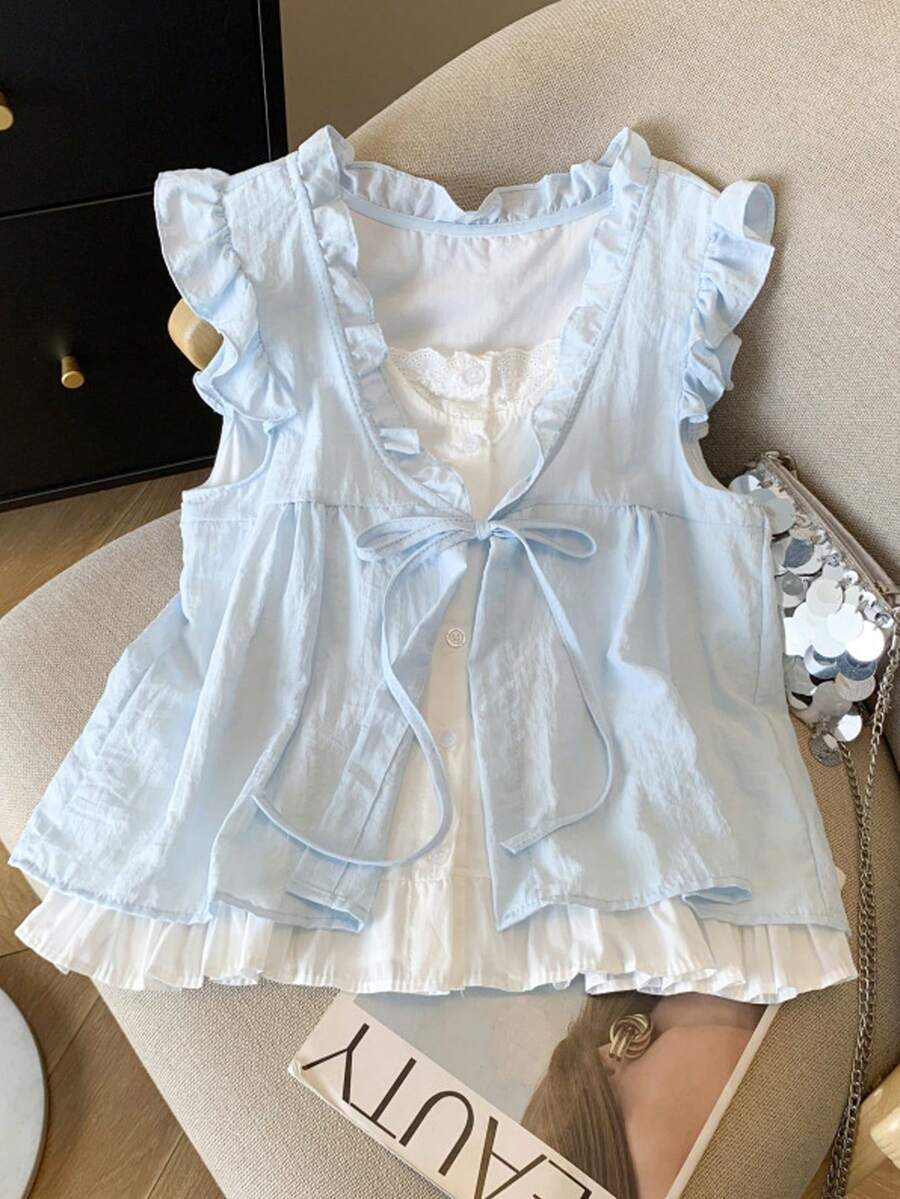 女士荷叶边前系带宽松无袖上衣