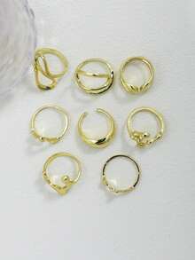 8pcs Vintage Geometric Round Open Ring Set, Asymmetrical Liquid Ring Suit, Suitable For Women's Holiday Party And Daily Wear Charm Jewelry Set - Yellow Gold - View 5
