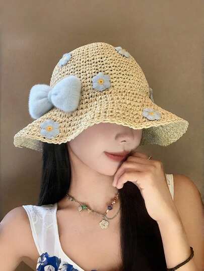 Women's UPF 50+ Foldable Straw Bucket Hat, Floral Hollow-Out Beach Vacation Boho Style Sun Hat, Fashion Headpiece For Wedding Party, Ladies Gift
