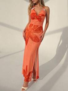 Women's Fashionable Elegant Sexy Mesh Halter Backless Fitted Vacation Style Orange Lily Floral All-Over Print Sleeveless Maxi Dress, Vacation Dress, Spring Outfit, Orange Dress, Valentine's Day Dress, Orange Beach Dress, Orange Long Dress, Sunset Dress, Summer Bohemian - Multicolor - View 5
