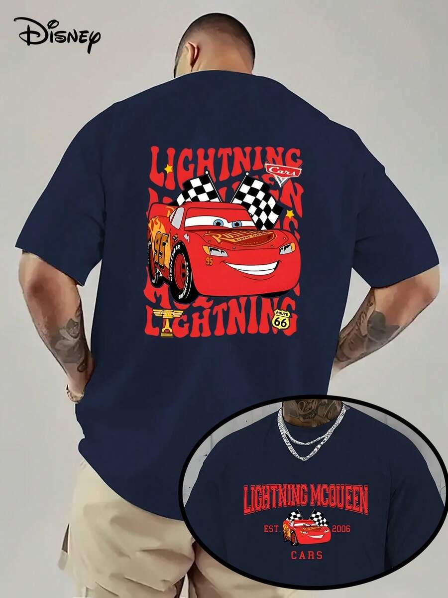 Authorized By Disney, Men's Lightning McQueen 1977 Plaid Flag T-Shirt With Double-Sided Printing, Breathable Summer Red Racing Design Loose Casual Black Top, Adult Models, Fan Products, Movie-Inspired Clothing, Durable. - Màu xanh hải quân - Xem 1