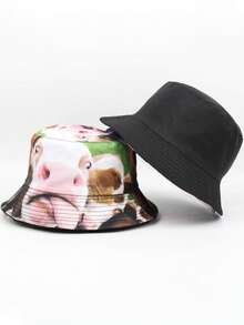 1pc Reversible Funny Animal Print Bucket Hat, Unisex Casual Sun Protection Novelty Cap - A - View 4