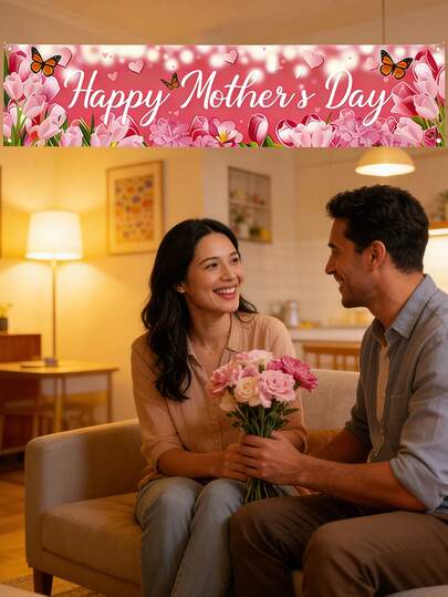 母亲节快乐横幅，饰有粉色蝴蝶和心形花坛图案，防水材质，适用于户外装饰，例如围栏、门廊、派对等，配有易于悬挂的绳索，是家庭和花园的母亲节装饰品。