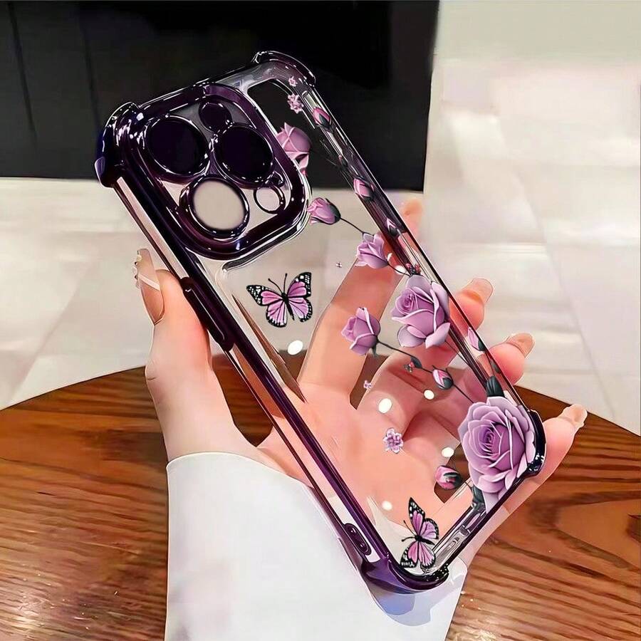 花朵图案 1 件装 新款玫瑰电镀气囊防摔/加厚透明 TPU 保护壳 兼容 Apple 17 Pro Max/16 Pro/16/13 Pro Max/12 Pro Max 11/15 Pro Max/14 Pro Max/Galaxy SAM/Honor/Note 13 Pro/S23 Ultra/S24 Ultra - 深紫色 - 查看 1