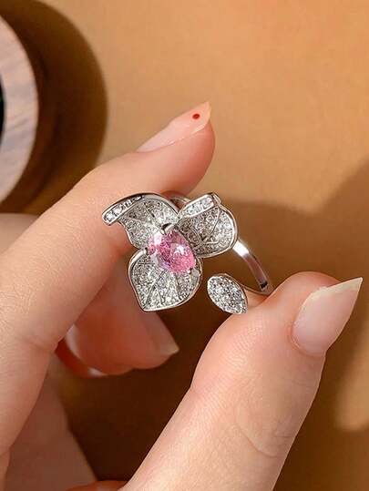 不对称粉色花卉椭圆几何可调节开口戒指，独特设计珠宝，女士礼物