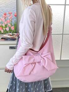Women's Fashion Bow Pleated Shoulder Bag, Sweet Girl Style Crossbody Bag, Soft Fabric Material, Large Capacity, Drawstring Adjustable Strap, Fresh Daily Versatile Design, Suitable For Dating, Commuting, Casual Outings - Pink - View 4