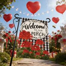 1pc Welcome To Our Porch Garden Flag (12"X18"), Double-Sided Yard Flag, Holiday Supplies, Holiday Arrangements, Garden Decor, Yard Outdoor Small Decorations Burlap, Yard Decor, Yard Supplies, Party Decor, Wedding Event Party Daily Decor (No Pole) - Black Check Rose Style - View 4