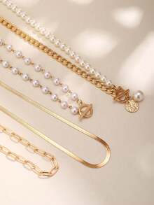 4pcs/Set Elegant Geometric Chain, Faux Pearl, Water Drop, Coin Charm Pendant Necklace Set, Luxurious Jewelry For Wedding, Party, Vacation, Daily Casual, Street Style, Women & Couples Gift - Gold - View 4