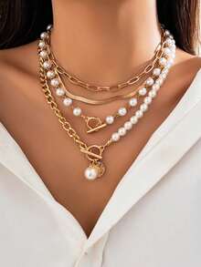 4pcs/Set Elegant Geometric Chain, Faux Pearl, Water Drop, Coin Charm Pendant Necklace Set, Luxurious Jewelry For Wedding, Party, Vacation, Daily Casual, Street Style, Women & Couples Gift - Gold - View 1