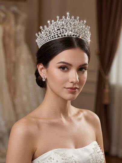 1pc Elegant Rhinestone Decor Bridal Crown, Silver Crystal Princess Tiara For Wedding Prom Pageant Hair Accessory