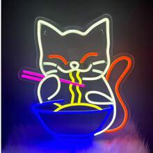 招财猫拉面霓虹灯招牌 猫咪霓虹灯招牌 面条LED霓虹灯招牌 墙面装饰 动漫发光招牌 卧室商店餐厅家居餐厅厨房礼品 - 彩色 - 查看 2