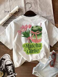 Camiseta de Mujer Cuello Redondo Algodón 100%, Estampado Doble Delante y Detrás Tulipán Bebida Lazo Matcha Girl, Diseño Casual Dulce - Blanco - Ver 3
