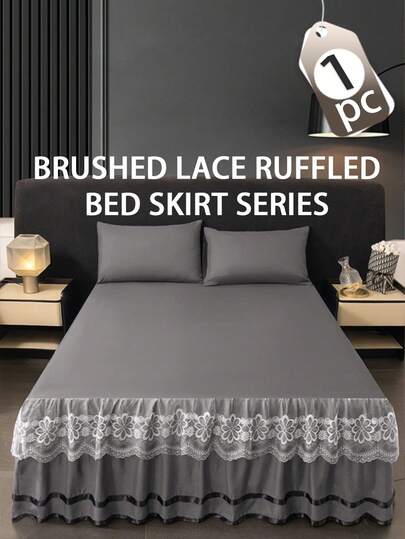 1pc Soft Lace Ruffled Bed Skirt, Solid Color Elastic Bed Skirt, Comfortable Bed Cover, Lace Elastic Bed Skirt, Selected Skin-Friendly Brushed Fabric, Four-Corner Tie Design Easily Fixes Mattress And Prevents Displacement, Princess Lace Style Bed Skirt Suitable For Home, Hotel Bedroom, Can Replace Lace Decorative Elastic Bed Sheet, Easy To Fit Dust-Proof Bed Skirt
