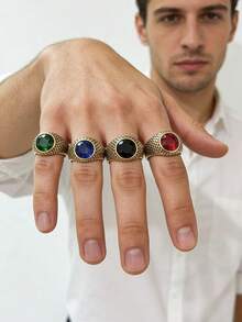 1枚复古风格金色锆石圆点男士戒指，316不锈钢材质，18K真空镀层，防水，防褪色，低过敏性，适合休闲、商务、晚宴等场合佩戴。 - 金色 - 查看 7