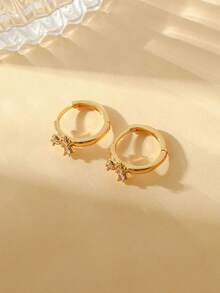 Gift Box Silver Cubic Zirconia Heart Hoop Earrings, Fully Paved Design Earrings, Y2K Romantic Jewelry, Cute Heart Earrings For Women & Teens - Gold - View 4