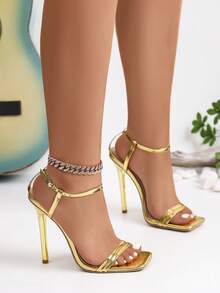 Gold Flower Criss-Cross Strap Super High Heel Women Sandals - Gold - View 2